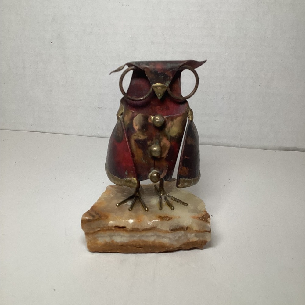Vintage Toni Signed Brutalist Copper Brass Owl Figurine on Onyx Stone Base 3.75"
